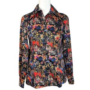 Vintage 70s Eleanor Brenner Polyester Dagger Collar Shirt Psychedelic XS Small